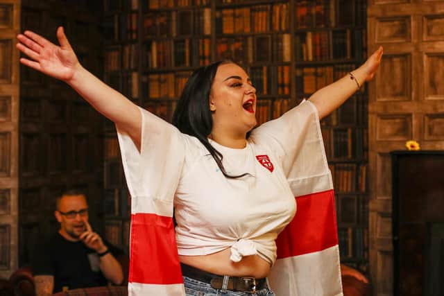 England fans watch England beat Germany 2-0 in the Euros 2020.
Fans pictured in The Kings pub celebrating as England score their second goal.
Picture: Stuart Martin (220421-7042)