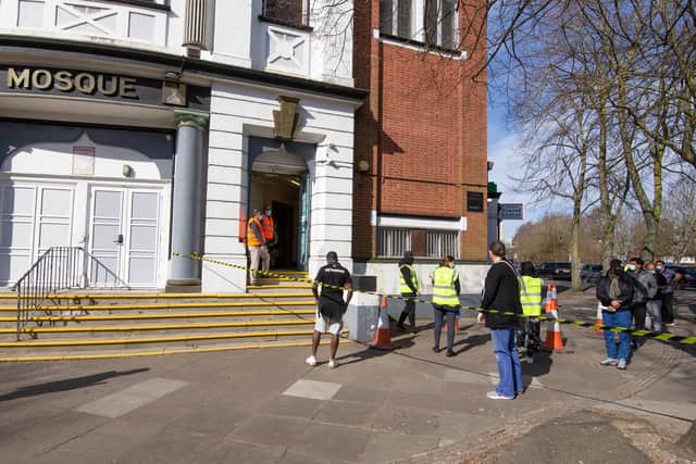 The Jami Mosque, Southsea, is throwing open its doors for its first weekly vaccination session on 30 March 2021
Pictured: Queue of people waiting to be vaccinated at the Jami Mosque, Southsea.
Picture: Habibur Rahman
