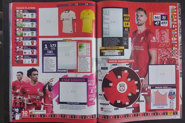 The Liverpool stats pages in the 2022 Panini album - there are another two pages for the squad stickers