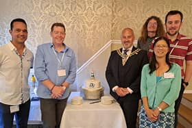 From left - Russell Streeter, George Wilkinson, Fareham Lord Mayor Fred Birkett, Alexander Spencer-Hill, Sau-Wan Lai and Barnaby Tucker (Solent Speakers President)