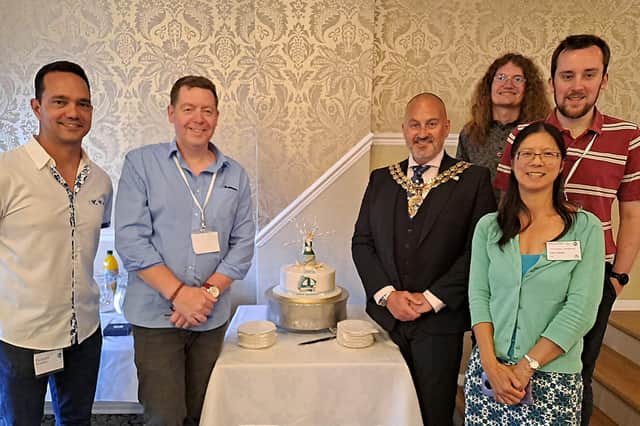 From left - Russell Streeter, George Wilkinson, Fareham Lord Mayor Fred Birkett, Alexander Spencer-Hill, Sau-Wan Lai and Barnaby Tucker (Solent Speakers President)