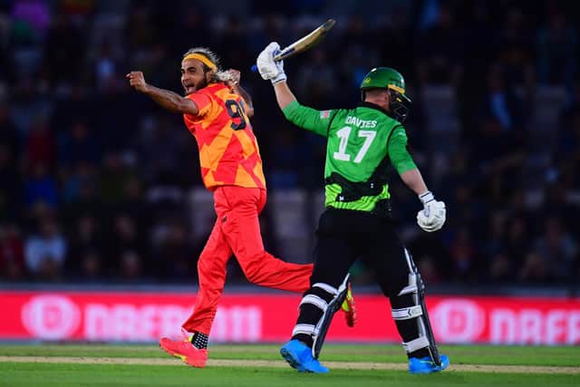 Imran Tahir of Birmingham Phoenix celebrates after taking the wicket of Alex Davies on his return to Hampshire's Ageas Bowl. Photo by Harry Trump/Getty Images.