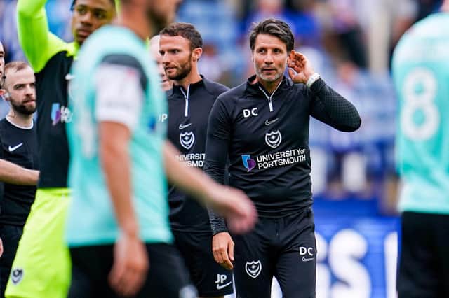 Danny Cowley of Portsmouth (Manager) gestures and reacts at full time, towards the travelling Portsmouth support, during the EFL Sky Bet League 1 match between Sheffield Wednesday and Portsmouth at Hillsborough, Sheffield, England on 30 July 2022.