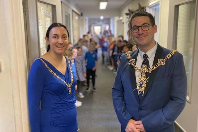 The lord mayor and lady mayoress at Highbury Primary School in Cosham.