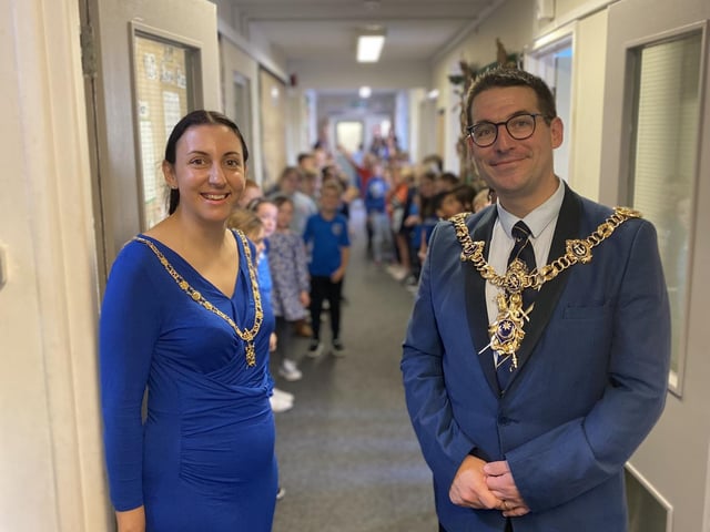 The lord mayor and lady mayoress at Highbury Primary School in Cosham.