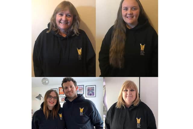 Performers from South Down Stage School in Waterlooville have starred in a video singing rewritten lyrics to Islands in the Stream as a thank you to NHS staff and key workers. Pictured: Volunteer staff from the school. Clockwise from top left: Helen Dulake, treasurer, Sophie Dulake, choreographer, Debbie Hughes, chairman, Paul Goldthorpe, assistant director, and Emily Dulake, director