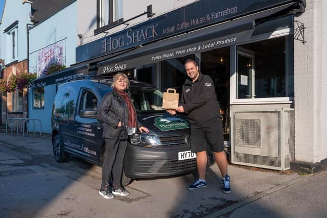 Tracy Nash of Hampshire Fare, with Hampshire Fare member Pete Williamson of The Hog Shack, who has signed up with Too Good To Go to help reduce food waste
Credit image: The Electric Eye Photography