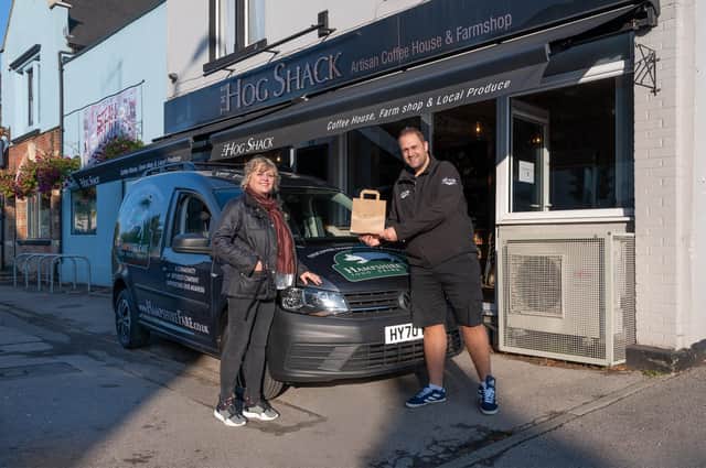 Tracy Nash of Hampshire Fare, with Hampshire Fare member Pete Williamson of The Hog Shack, who has signed up with Too Good To Go to help reduce food wasteCredit image: The Electric Eye Photography