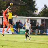 Hereford keeper Paul White punches clear during is side's 3-1 FA Cup win at Gosport. Pic: Tom Phillips