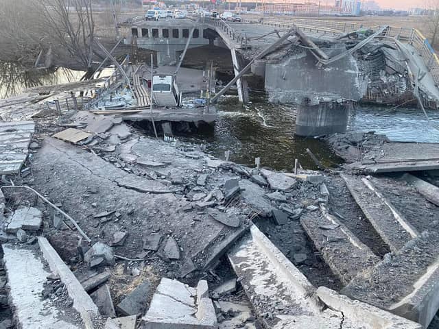 A bridge was devastated by a Russia artillery strike near Kyiv as civilians were reportedly trying to flee the city, claims a veteran British Army sniper in the country.