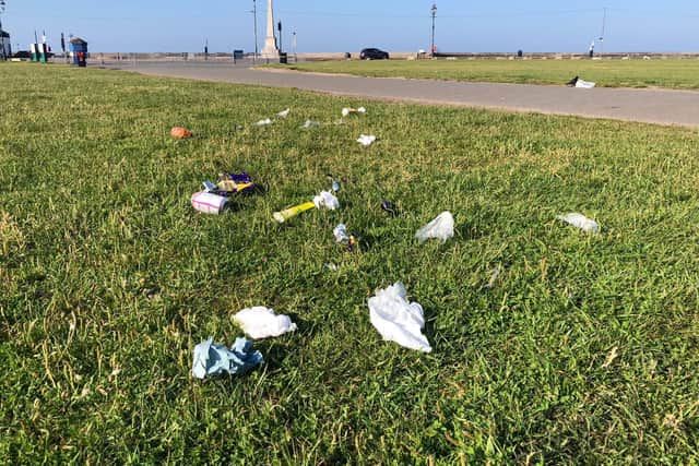 Beer cans, masks, and paper plates were among the litter left behind by irresponsible visitors to Southsea Common yesterday. Picture: Richard Lemmer
