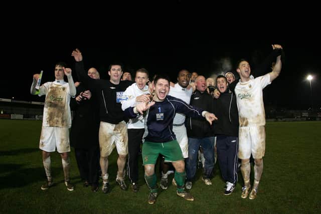 Hawks celebrate their famous FA Cup win against Swansea at Westleigh Park in 2008 - Trevor Brock's top memory from 57 years in football administration