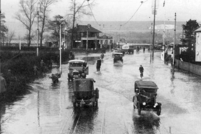 Hilsea flooding 1929. Sent in by John Taylor of Fareham, here we see the floods of 1929 looking north at Hilsea from the top of a tram.