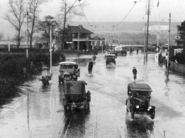 Hilsea flooding 1929. Sent in by John Taylor of Fareham, here we see the floods of 1929 looking north at Hilsea from the top of a tram.