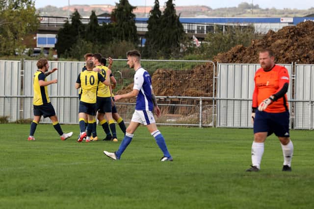 Moneyfields celebrate Josh Bailey's first half leveller.
Photograph by Sam Stephenson