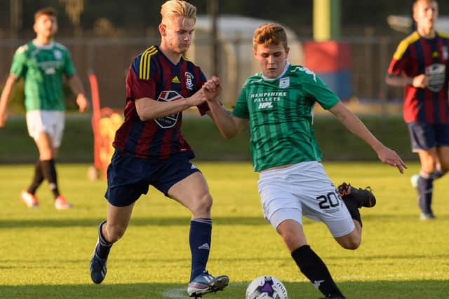 Max Davies, left, in action during a short loan spell at US Portsmouth in 2018/19. Picture: Keith Woodland