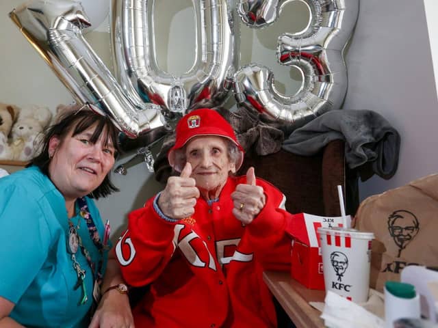 Pear Tree Court care home resident Eileen Veysey celebrates her 103rd birthday in style.