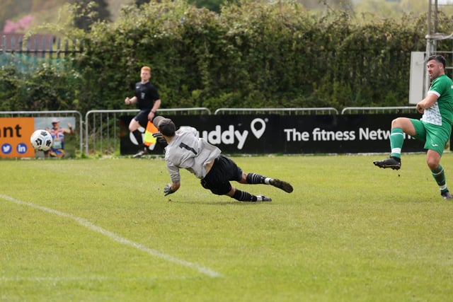 Darren Ferguson scores the only goal of the Father Purcell Challenge Cup final against Burrfields. Picture: Kevin Shipp