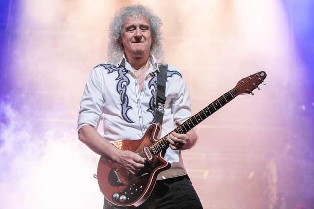 Brian May makes an appearance at the performance of We Will Rock You at the Kings Theatre, Southsea on Tuesday 8th February 2022Pictured: Brian May on the stage with the rest of the We Will Rock You castPicture: Habibur Rahman