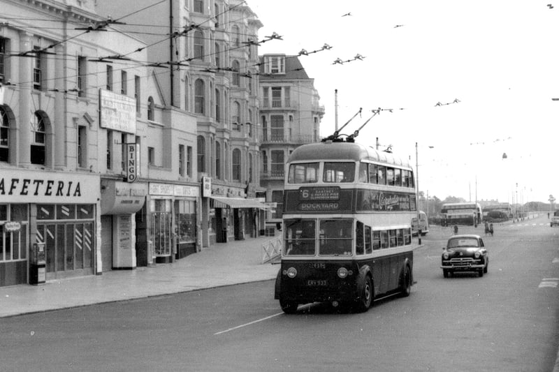 South Parade, Southsea 1962. 
A trolleybus heading for Portsmouth Dockyard turns into Clarendon Road from South Parade. To the left of the bus (as we look) is the Savoy Ballroom. Picture: Barry Cox collection