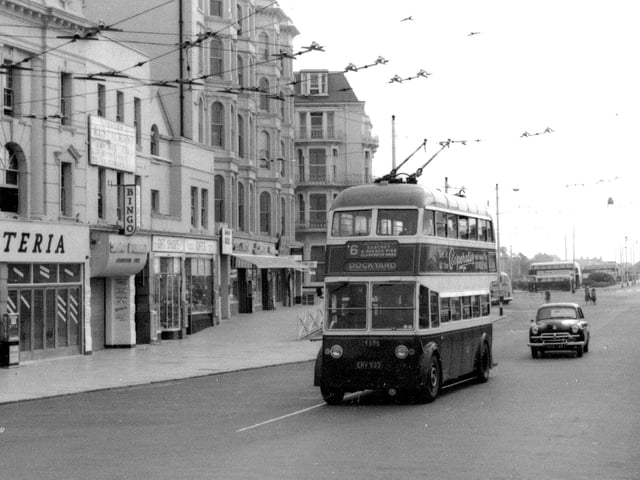 South Parade, Southsea 1962. A trolleybus heading for Portsmouth Dockyard turns into Clarendon Road from South Parade. To the left of the bus (as we look) is the Savoy Ballroom. Picture: Barry Cox collection