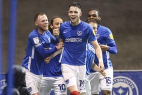 George Hirst celebrates his sixth goal of the season for Pompey in last night's impressive 3-2 win over Oxford United. Picture: Robin Jones/Digital South