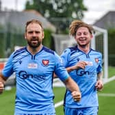 Brett Pitman, left, has just scored for AFC Portchester in Saturday's thrilling 5-4 Wessex League win at Shaftesbury - his fifth league goal in four games this season. Picture by Daniel Haswell.
