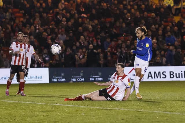 Marcus Harness broke the deadlock for Pompey during first-half stoppage time at Lincoln. Picture: Daniel Chesterton/phcimages.com