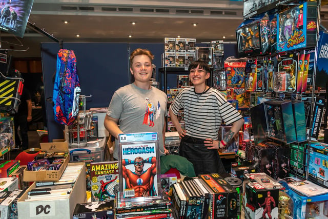 Stallholder Harvey Hill, 17, at his first Comic Con, with Lou Adams, 22, from Comic Book XS