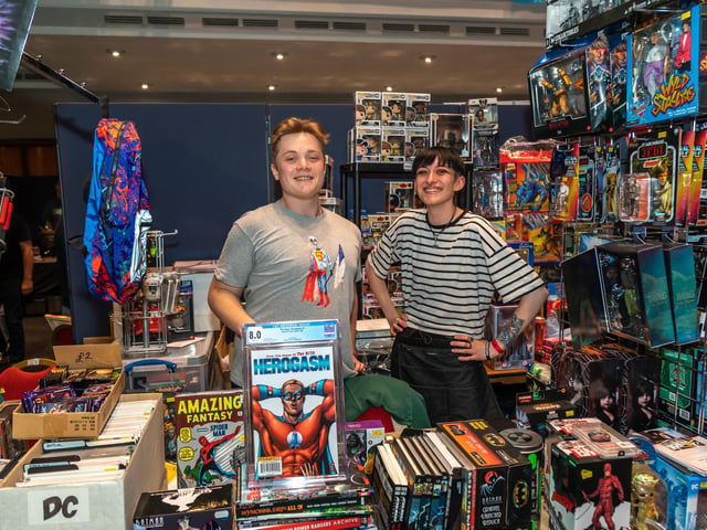 Stallholder Harvey Hill, 17, at his first Comic Con, with Lou Adams, 22, from Comic Book XS