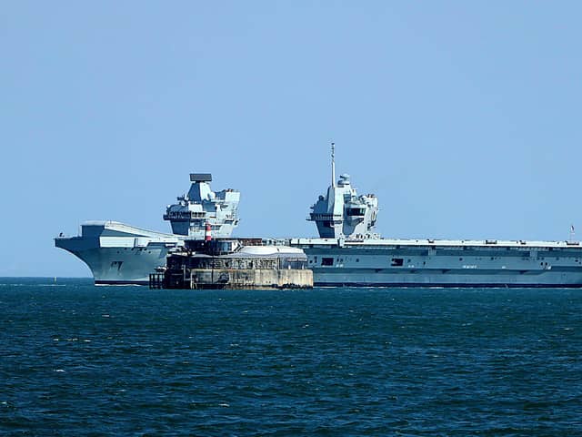 HMS Queen Elizabeth passing the Spitbank Fort on the afternoon of June 9. Picture: Alison Treacher.