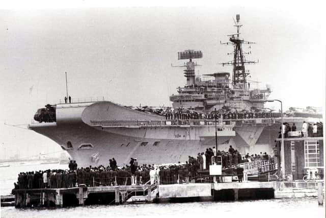 HMS Hermes leaving Portsmouth in 1982 for the Falklands War