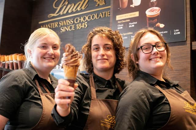 Pictured: Staff, Sophie Etherton, Debbie Hook and Megan Uniacle with the new ice cream at Lindt, Gunwharf.

Picture: Habibur Rahman