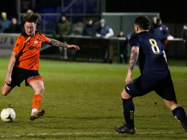 Marley Ridge about to score one of his two goals against Hamble Club. Picture: Nathan Lipsham