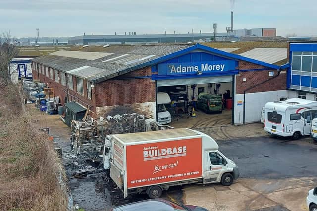 The front of heavy goods garage Adams Morey LTD, on Burrfields Road, was on fire after a gas explosion.