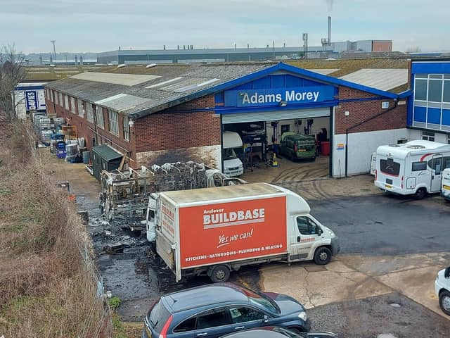 The front of heavy goods garage Adams Morey LTD, on Burrfields Road, was on fire after a gas explosion.