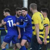 Baffins Milton Rovers celebrate Harry Sargeant's equaliser in the weekend win over Hamworthy. Picture: Neil Marshall
