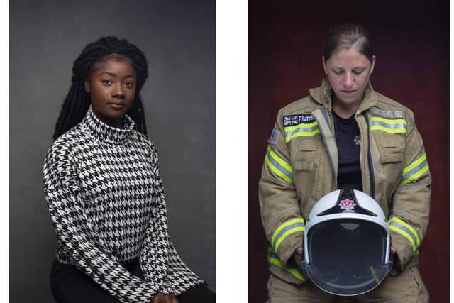 Photographer Femi Olaiya has captured key workers' images for the Portsmouth Heroes Project. Pictured: Starlene George, teacher at Cottage Grove Primary School, and Lacey Plumbley, watch manager at Hampshire Fire and Rescue Service