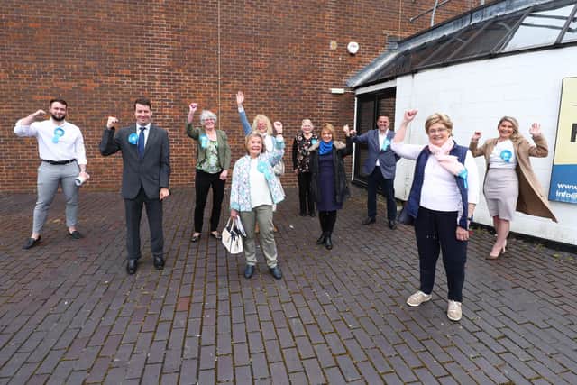 Conservative candidates celebrate winning and holding every seat in Havant. Picture: Stuart Martin (220421-7042)