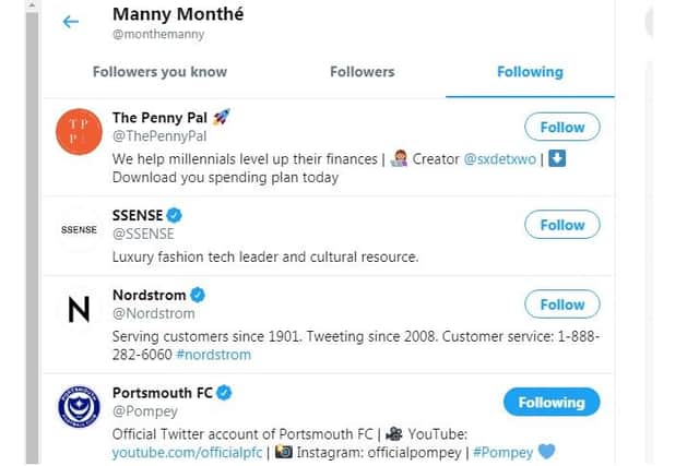 Manny Monthe has started following Pompey on Twitter. Picture: Twitter