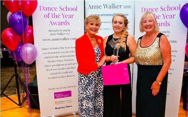 Abstract Dance and Performing Arts was given an international award. Pictured: Principal Amber Leigh Mitchell with Anne Walker MBE and Angela Rippon CBE when they won the overall category in 2017