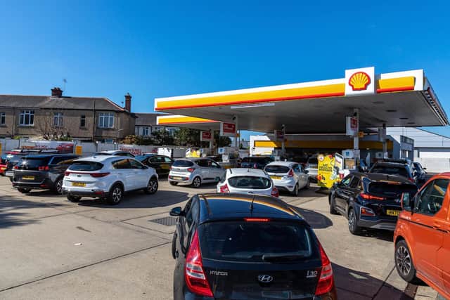 Long queues at Shell petrol station in Goldsmith Avenue on September 24, 2021. Picture: Mike Cooter