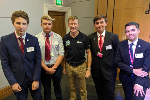 Tim Peake during a visit to the UTC in Portsmouth in 2018. From left, Andrei Mosora, Elliott Gilkes-Strong, astronaut Tim Peake, Dewald Roos and Ethan Wilson