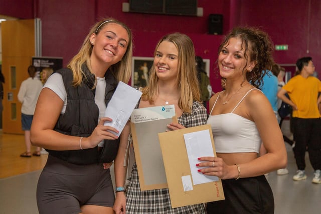 Pictured: Robyn Nightingale, Abi Jagger and Harriet Robbins with their results. Picture: Habibur Rahman.