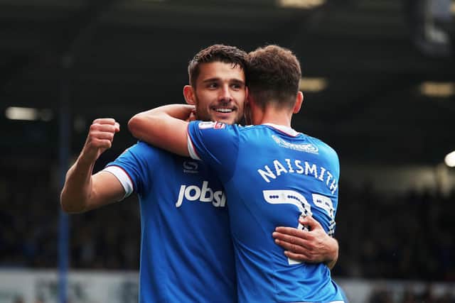 Gareth Evans celebrates scoring against Cheltenham in the League Two finale in May 2017. Picture: Joe Pepler