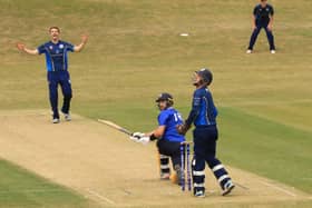 Portsmouth’s Daniel Wimble top edges a sweep at Ventnor bowler Henry Bartlett ….. and is caught by Tom Friend. Picture by Dave Reynolds.