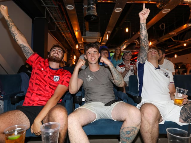Celebrations at full-time. Fans watch Netherlands v England, UEFA Euros 2024 semi-final played in Dortmund, at Village Hotel, Lakeshore Drive, CoshamPicture: Chris  Moorhouse (100724-098)