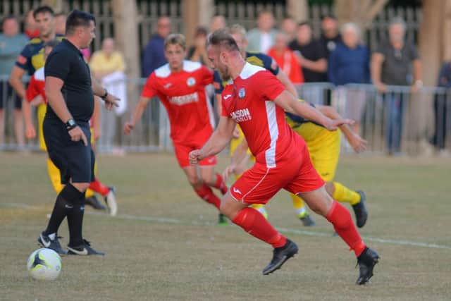 Connor Duffin about to fire a first half penalty over the bar against Moneyfields - he was on target from 12 yards, though, in Horndean's FA Vase win over Alton. Picture by Martyn White