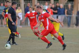 Connor Duffin about to fire a first half penalty over the bar against Moneyfields - he was on target from 12 yards, though, in Horndean's FA Vase win over Alton. Picture by Martyn White