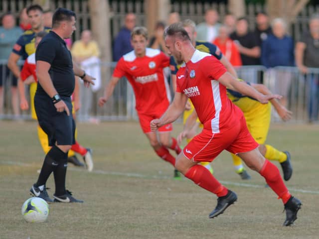 Connor Duffin about to fire a first half penalty over the bar against Moneyfields - he was on target from 12 yards, though, in Horndean's FA Vase win over Alton. Picture by Martyn White